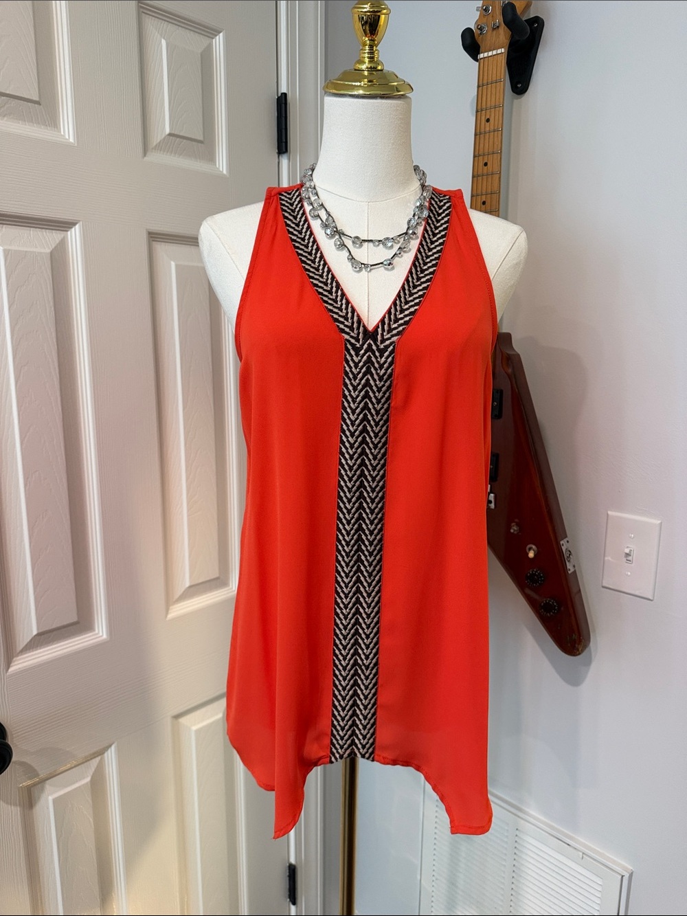 THML Coral/Orange V-Neck Tank with Black-and-White Chevron Trim